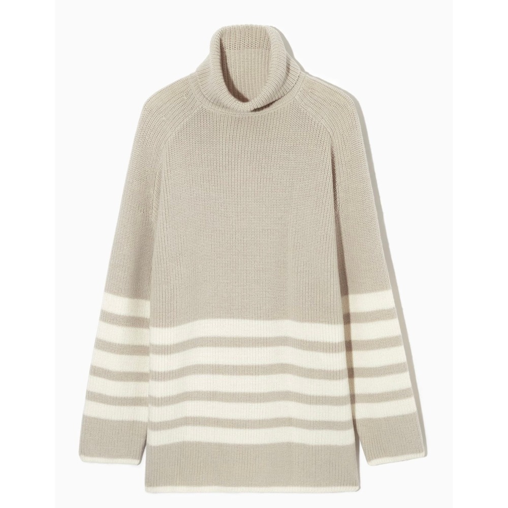 COS Turtleneck Sweater Wool Small Minimalist Beige Striped Cotton Oversized Knit